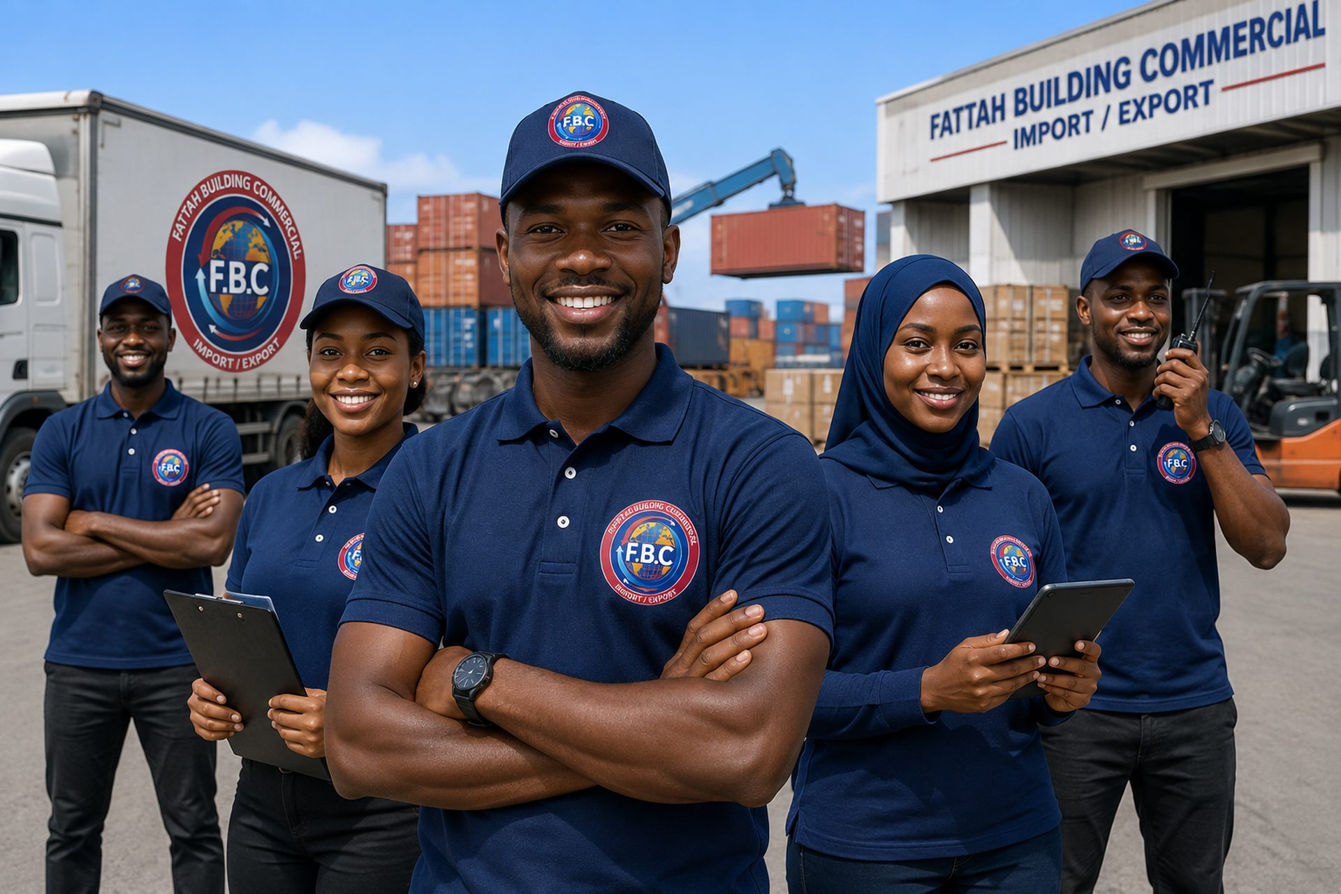 L'équipe de Fattah Building Commercial devant l'entrepôt, les conteneurs et le camion frigorifique